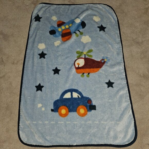 Parent's Choice Blue Baby Blanket Airplane Helicopter Car Stars Clouds 30" x 45" - Picture 1 of 7